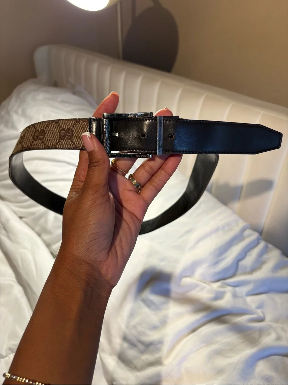 Gucci Reversible Monogram and Black Leather Belt with Silver Buckle